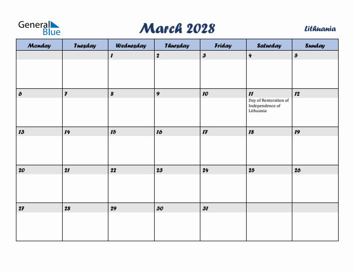 March 2028 Calendar with Holidays in Lithuania