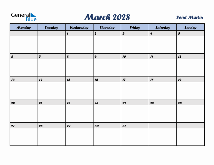 March 2028 Calendar with Holidays in Saint Martin