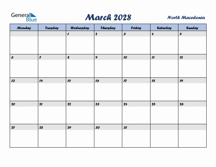 March 2028 Calendar with Holidays in North Macedonia