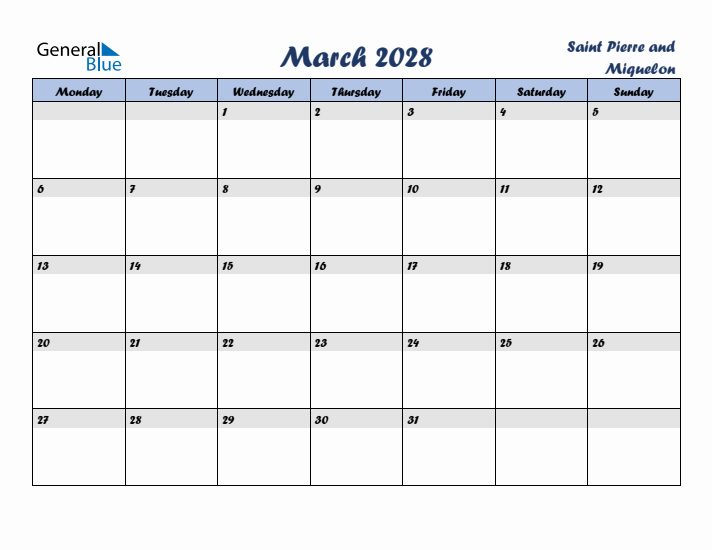 March 2028 Calendar with Holidays in Saint Pierre and Miquelon