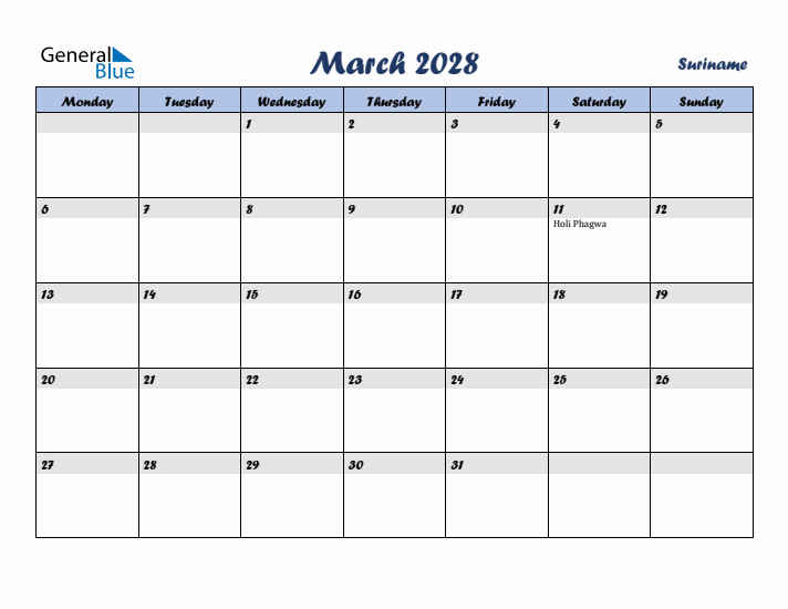 March 2028 Calendar with Holidays in Suriname