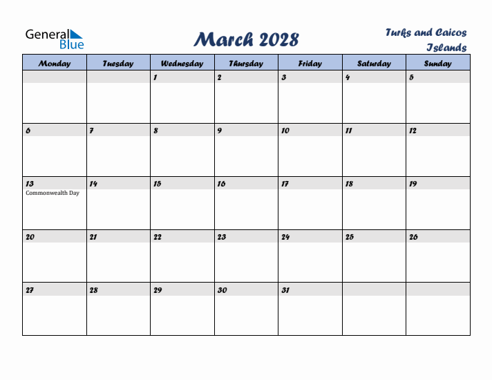 March 2028 Calendar with Holidays in Turks and Caicos Islands