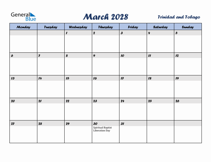 March 2028 Calendar with Holidays in Trinidad and Tobago