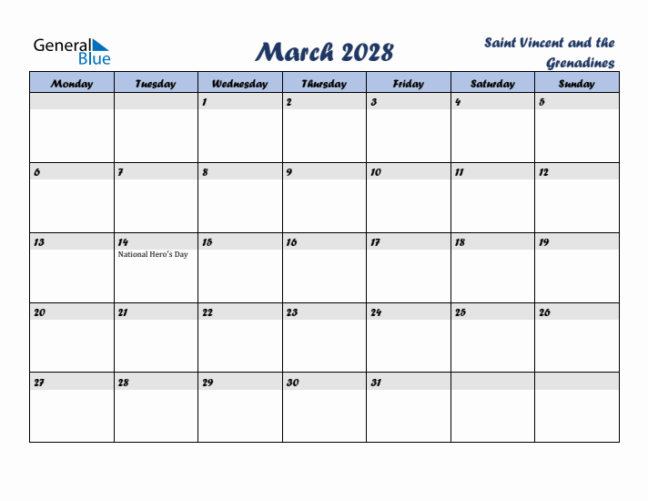 March 2028 Calendar with Holidays in Saint Vincent and the Grenadines