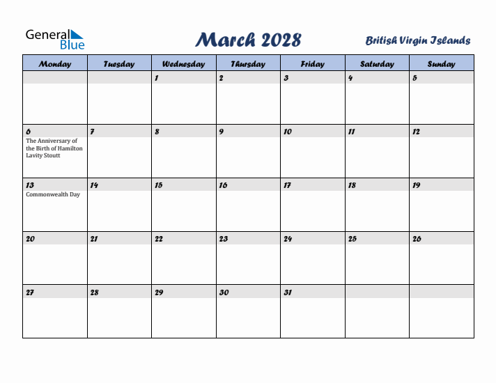 March 2028 Calendar with Holidays in British Virgin Islands