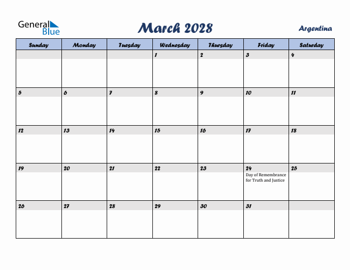 March 2028 Calendar with Holidays in Argentina