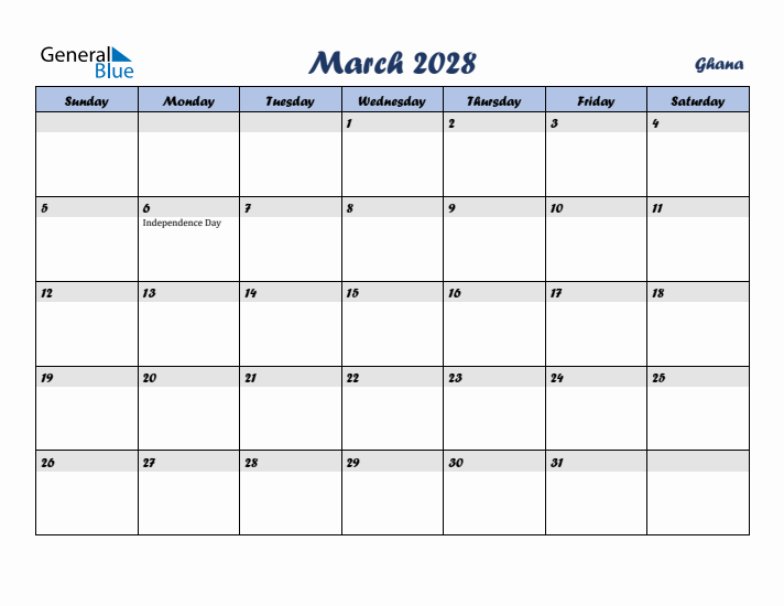 March 2028 Calendar with Holidays in Ghana