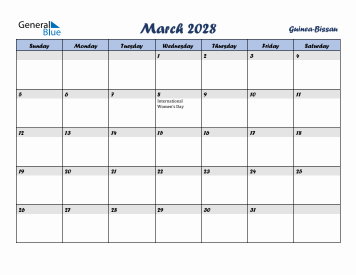 March 2028 Calendar with Holidays in Guinea-Bissau