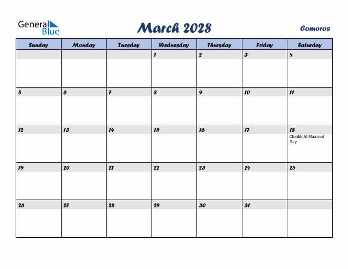 March 2028 Calendar with Holidays in Comoros