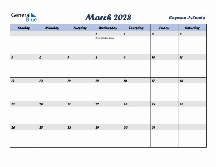 March 2028 Calendar with Holidays in Cayman Islands