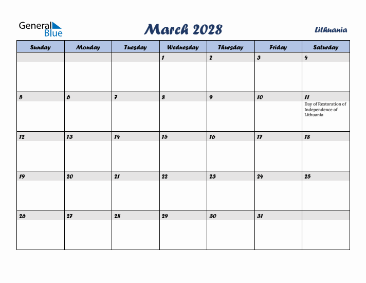 March 2028 Calendar with Holidays in Lithuania