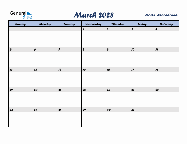 March 2028 Calendar with Holidays in North Macedonia