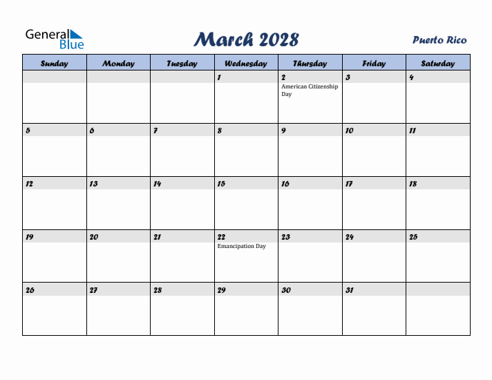 March 2028 Calendar with Holidays in Puerto Rico