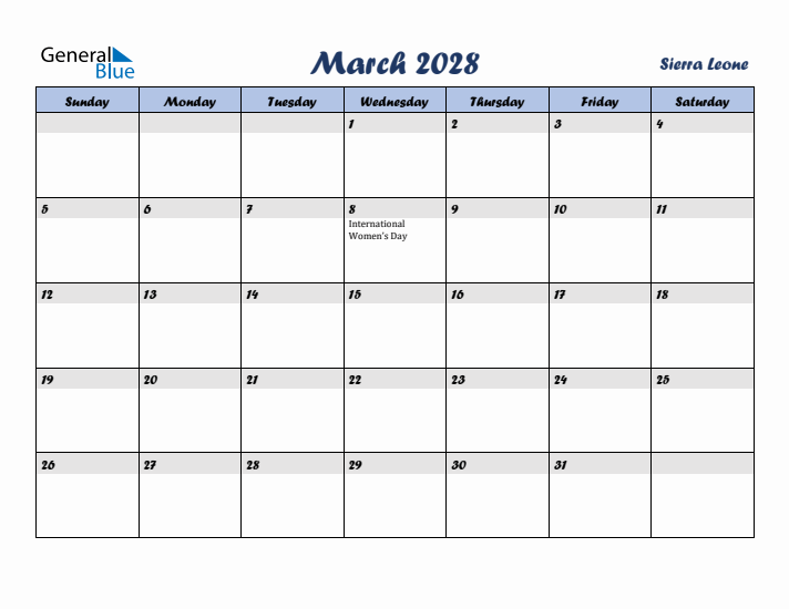 March 2028 Calendar with Holidays in Sierra Leone