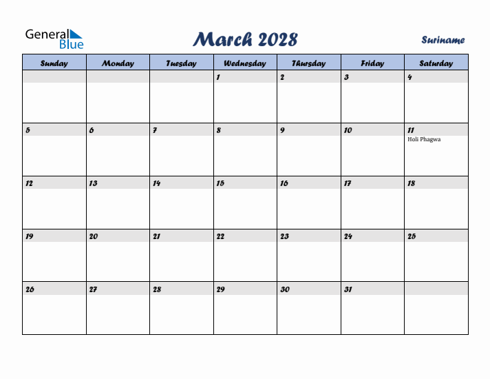 March 2028 Calendar with Holidays in Suriname