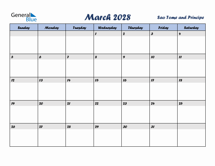 March 2028 Calendar with Holidays in Sao Tome and Principe