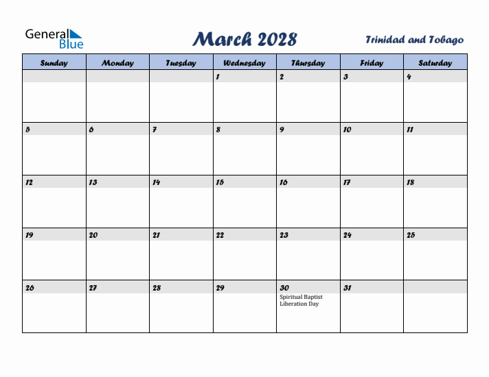 March 2028 Calendar with Holidays in Trinidad and Tobago
