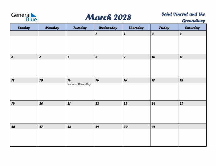 March 2028 Calendar with Holidays in Saint Vincent and the Grenadines