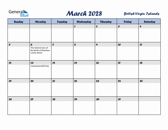 March 2028 Calendar with Holidays in British Virgin Islands