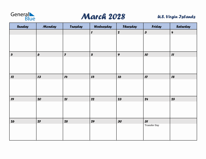 March 2028 Calendar with Holidays in U.S. Virgin Islands