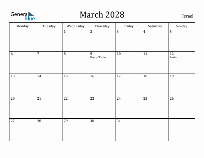 March 2028 Calendar Israel