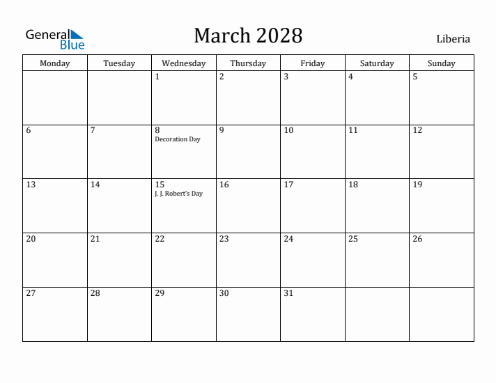 March 2028 Calendar Liberia