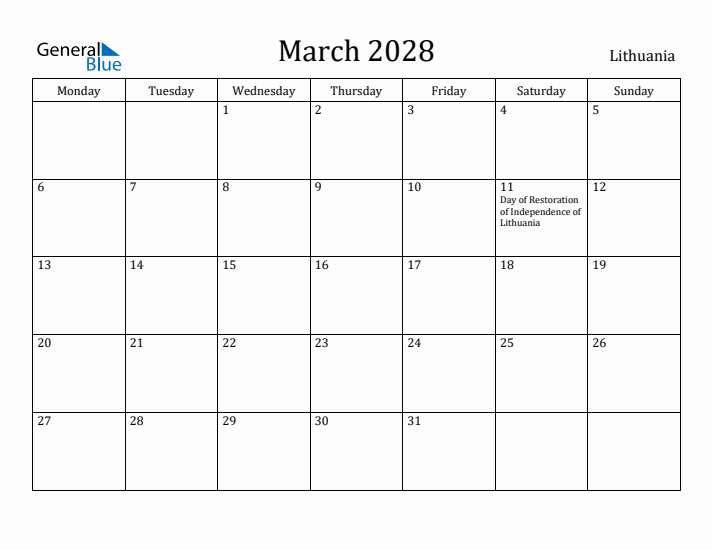 March 2028 Calendar Lithuania
