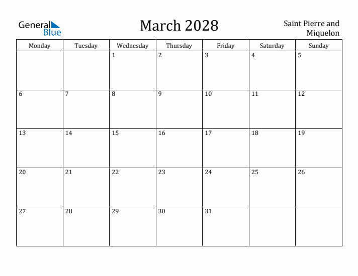 March 2028 Calendar Saint Pierre and Miquelon