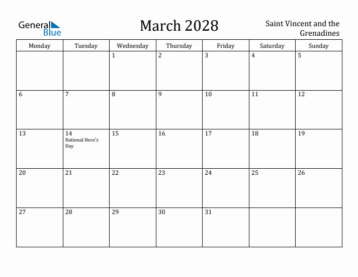 March 2028 Calendar Saint Vincent and the Grenadines