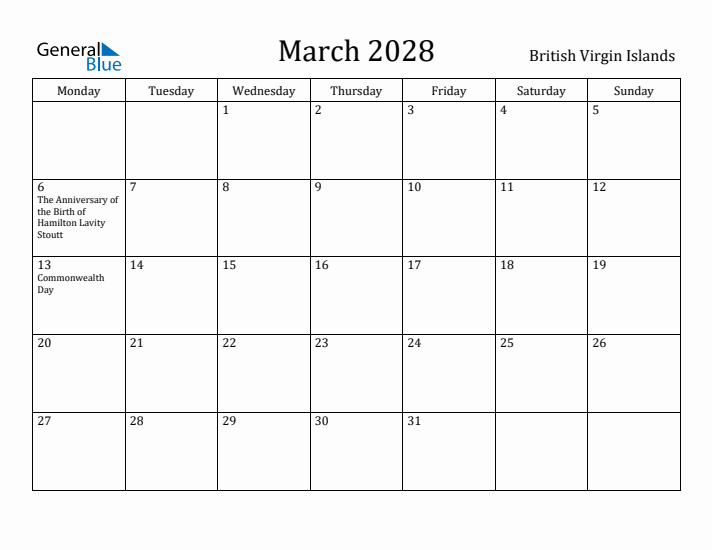 March 2028 Calendar British Virgin Islands