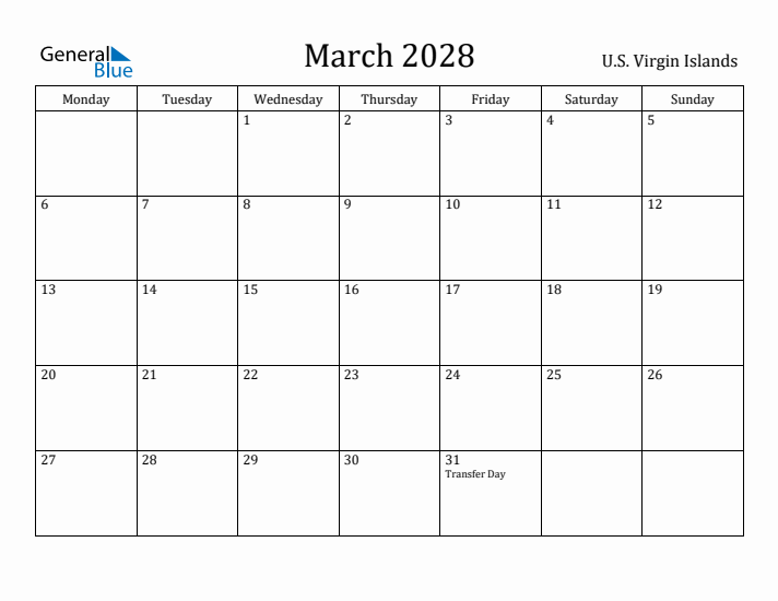 March 2028 Calendar U.S. Virgin Islands