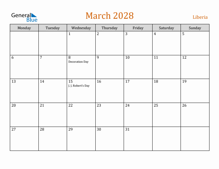 March 2028 Holiday Calendar with Monday Start