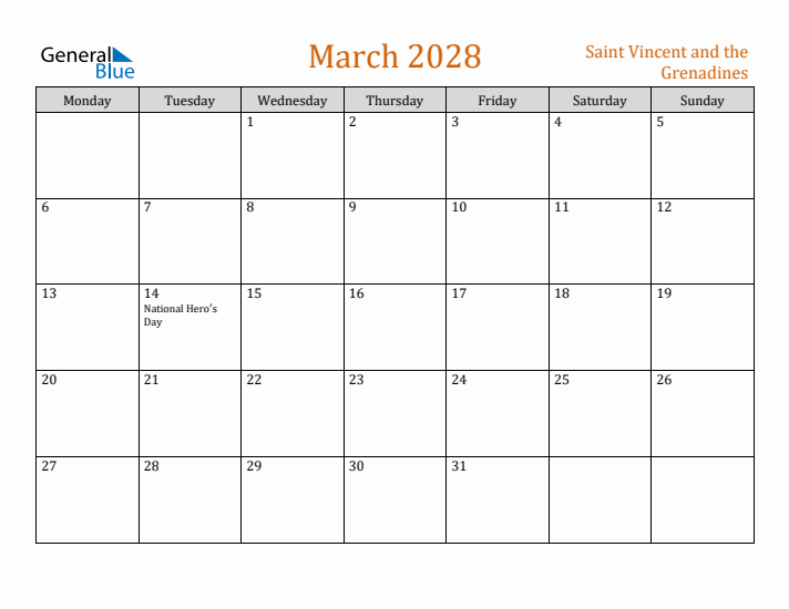 March 2028 Holiday Calendar with Monday Start