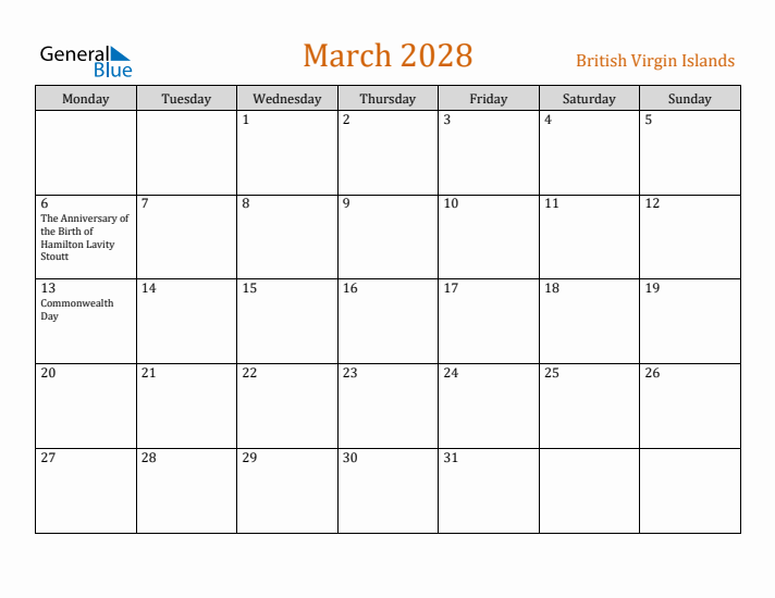 March 2028 Holiday Calendar with Monday Start
