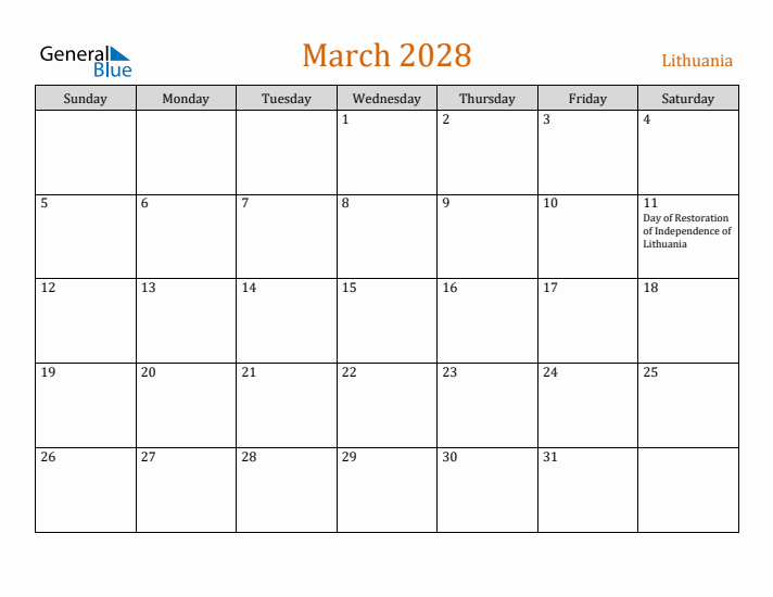 March 2028 Holiday Calendar with Sunday Start
