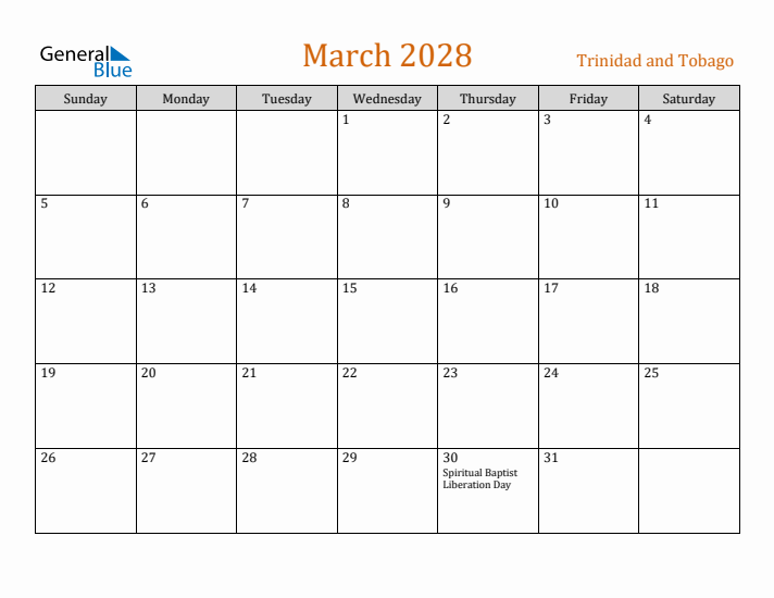 March 2028 Holiday Calendar with Sunday Start