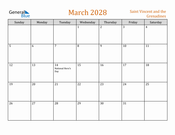 March 2028 Holiday Calendar with Sunday Start