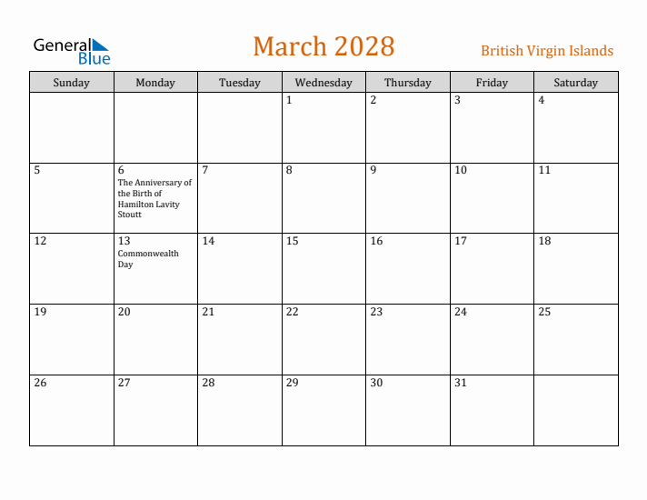 March 2028 Holiday Calendar with Sunday Start