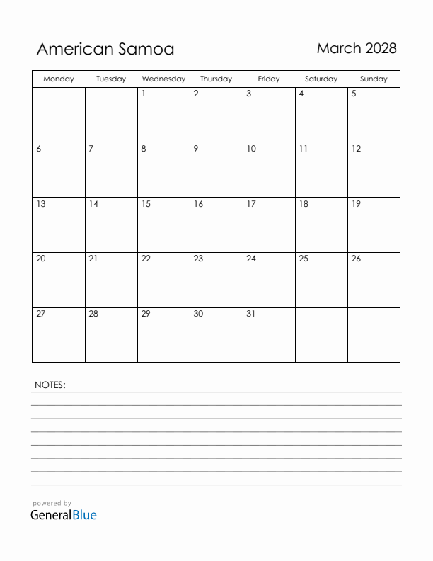March 2028 American Samoa Calendar with Holidays (Monday Start)