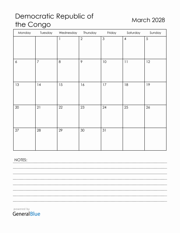 March 2028 Democratic Republic of the Congo Calendar with Holidays (Monday Start)