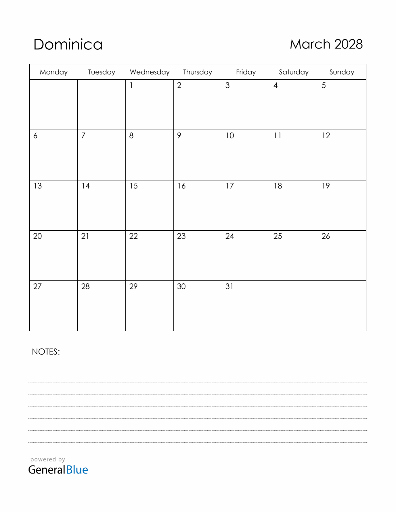 March 2028 Dominica Calendar with Holidays (Monday Start)