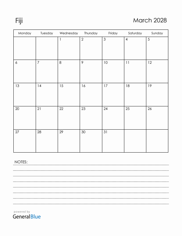 March 2028 Fiji Calendar with Holidays (Monday Start)