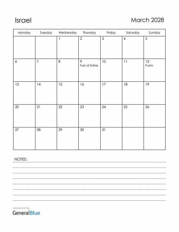 March 2028 Israel Calendar with Holidays (Monday Start)