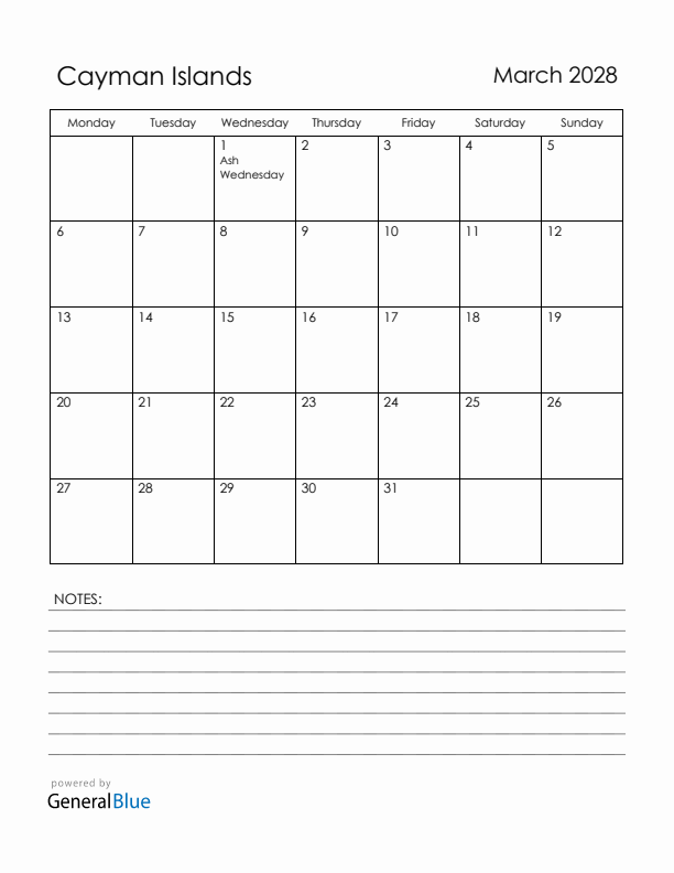 March 2028 Cayman Islands Calendar with Holidays (Monday Start)