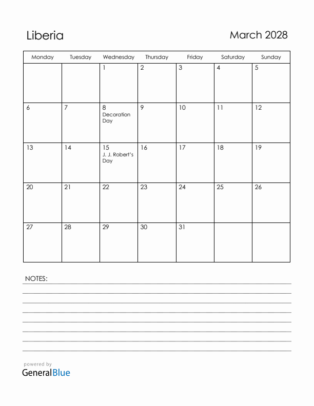 March 2028 Liberia Calendar with Holidays (Monday Start)