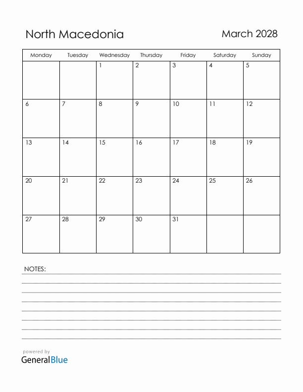 March 2028 North Macedonia Calendar with Holidays (Monday Start)
