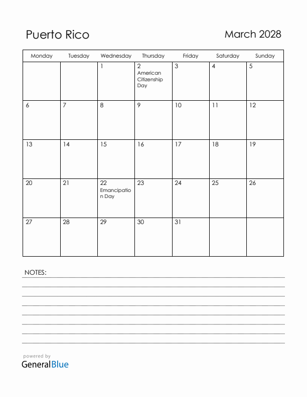 March 2028 Puerto Rico Calendar with Holidays (Monday Start)