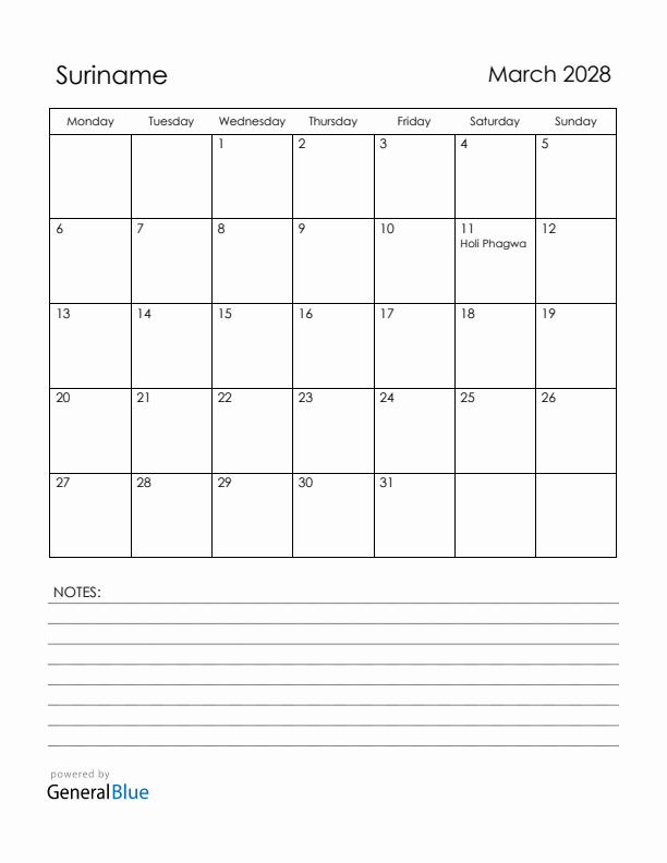 March 2028 Suriname Calendar with Holidays (Monday Start)