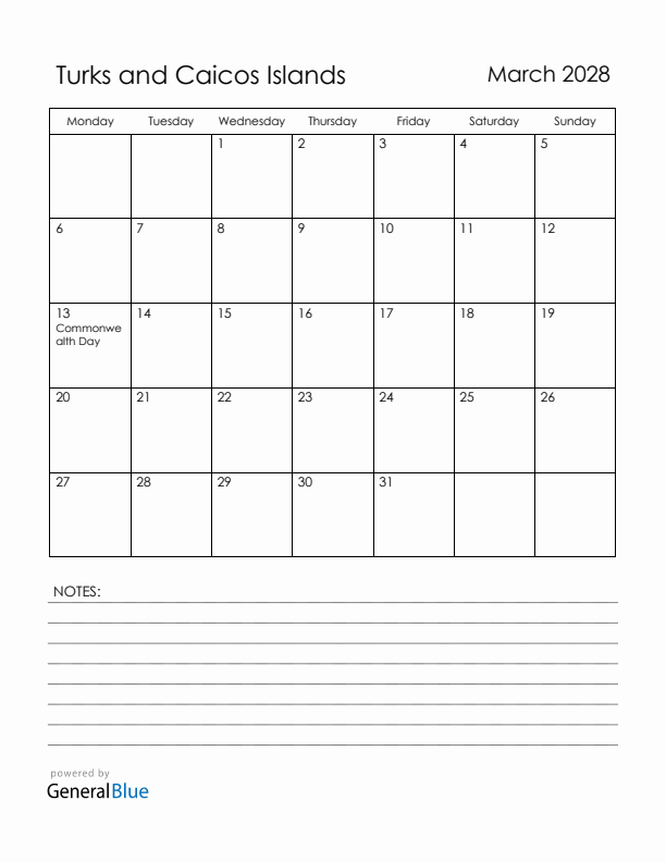 March 2028 Turks and Caicos Islands Calendar with Holidays (Monday Start)