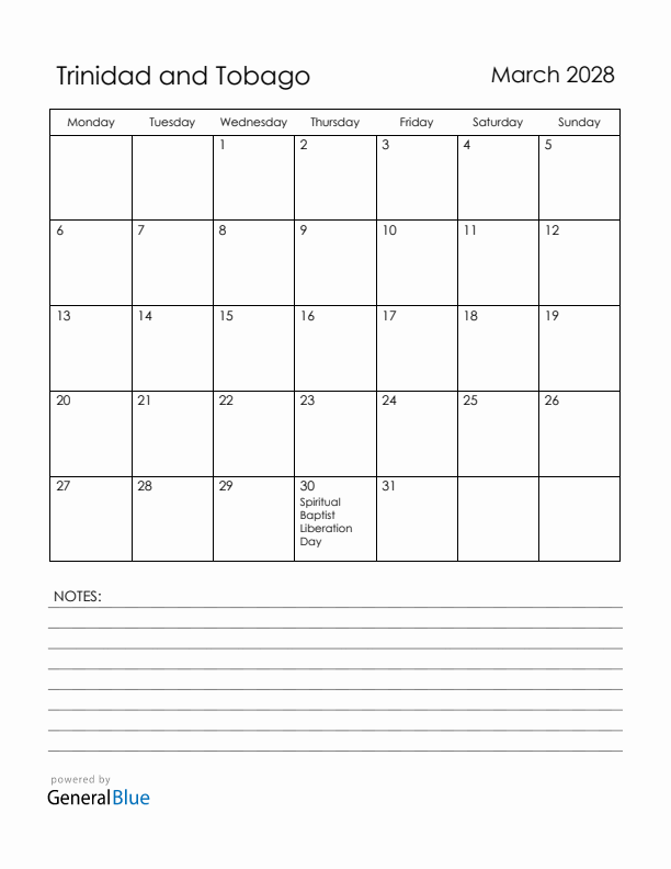 March 2028 Trinidad and Tobago Calendar with Holidays (Monday Start)